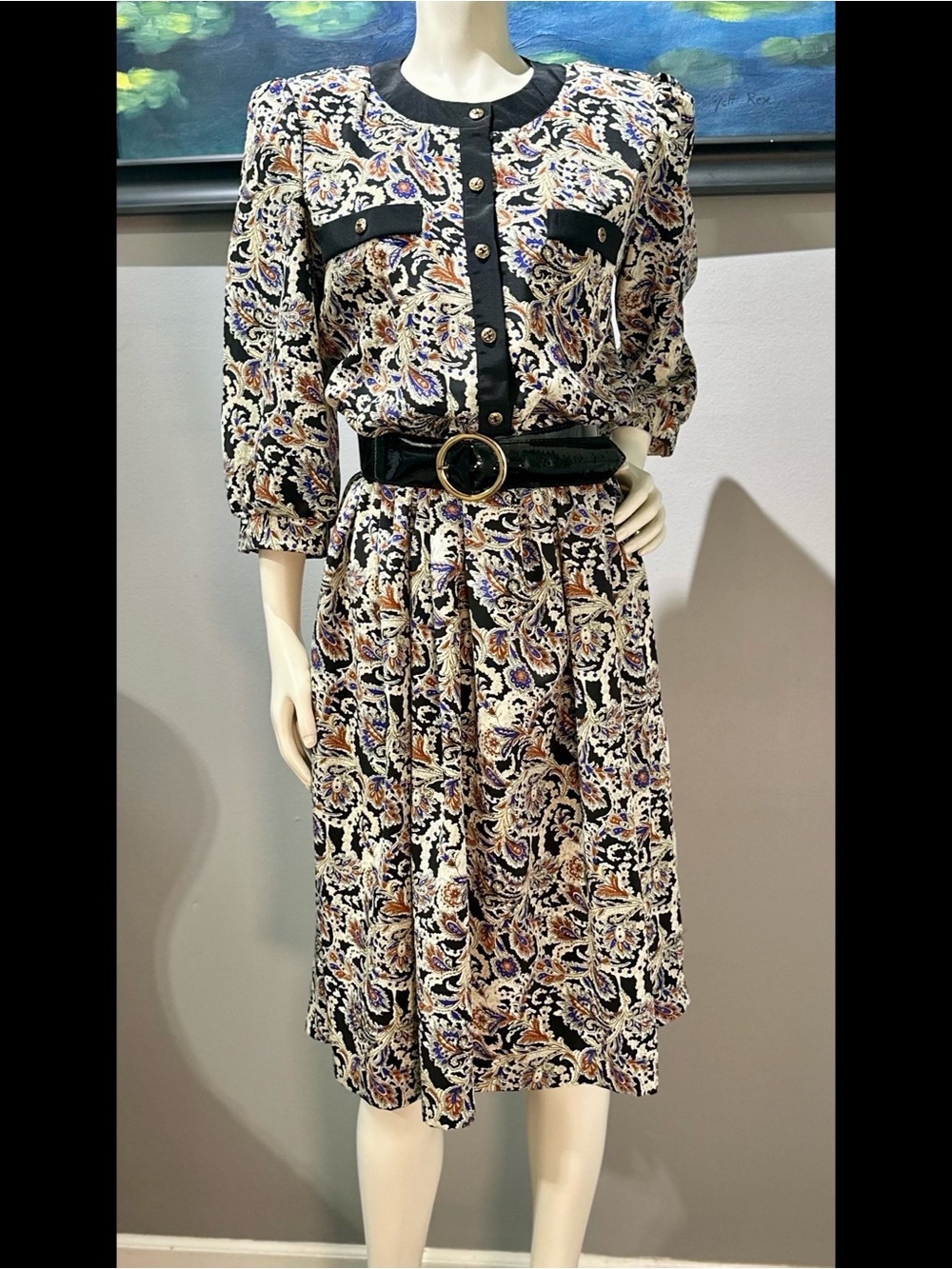 Vintage Paisley Button-Front Midi Dress with Black Trim